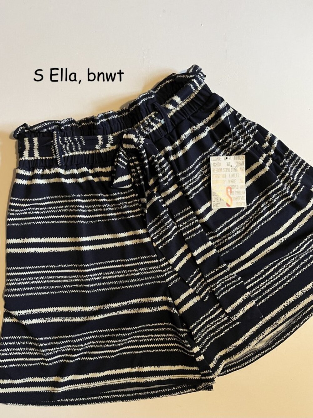 Small Lularoe Ella paper bag shorts, navy blue and white stripes